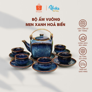 Bộ Ấm Vuông Men Xanh Hoả Biến ACTX-05 Cao Cấp - Sản Xuất Tại Xưởng Unika Bát Tràng