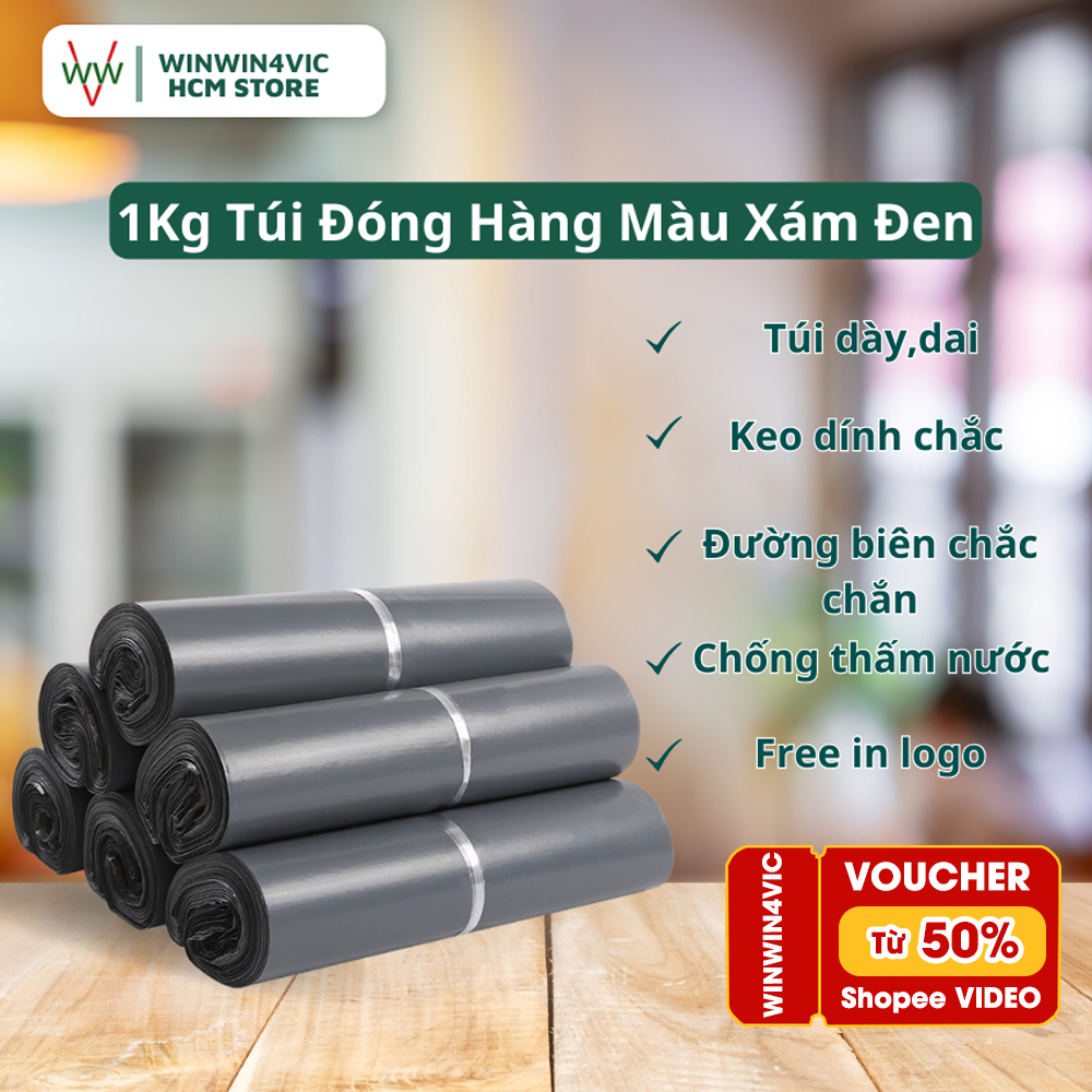[1KG] Túi Đóng Hàng Niêm Phong Màu Xám Đen WINWIN4VIC, Túi Gói Hàng Niêm Phong 3 Lớp, Keo Dính Sẵn Chắc Chắn, Chống Nước