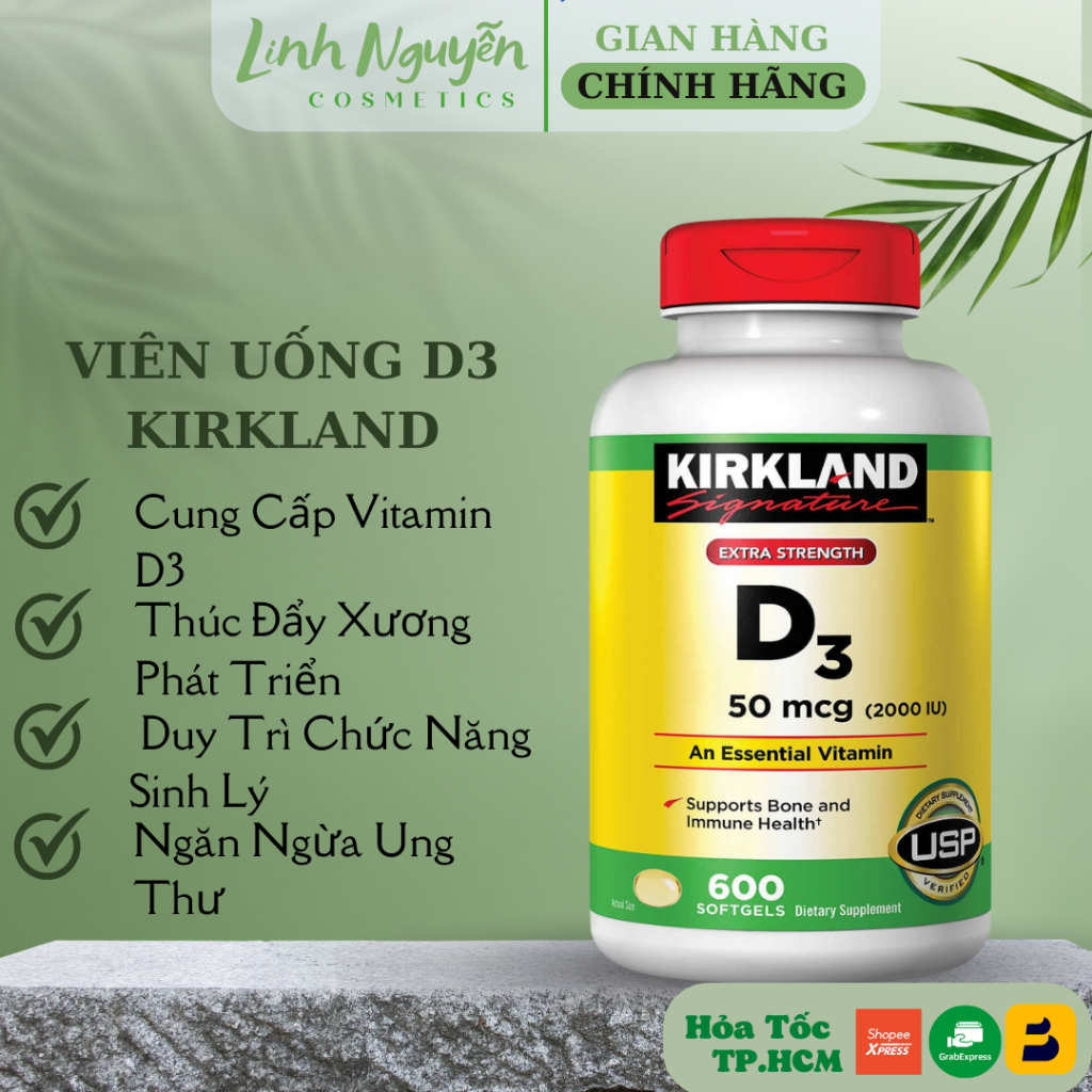 Viên Uống Vitamin D3 Kirkland Extra Strength D3 50mcg 600 Viên Mỹ