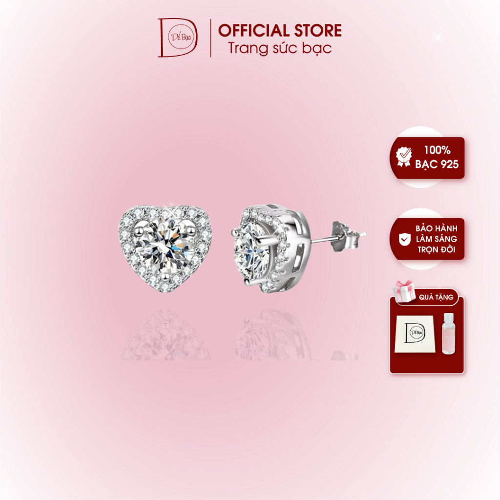 Khuyên tai bạc 925 dành cho nữ kim cương Moissanite 5 ly kiểm định GRA Dế Bạc hình tim đính đá lấp lánh - K6392