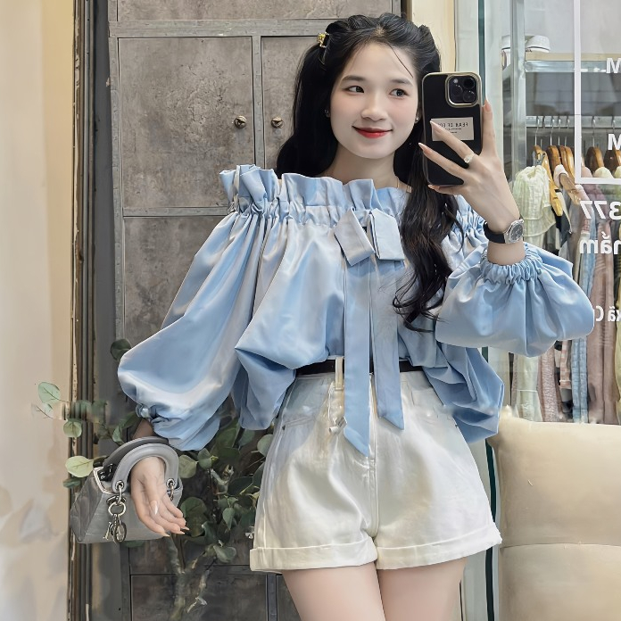 Áo Trễ Vai Viền Bèo Tay Bồng Đính Nơ Nguc Chất Liệu Thô Sang Chảnh | BigBuy360 - bigbuy360.vn