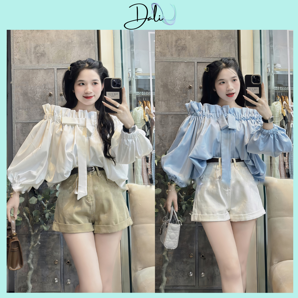 Áo Trễ Vai Viền Bèo Tay Bồng Đính Nơ Nguc Chất Liệu Thô Sang Chảnh | BigBuy360 - bigbuy360.vn