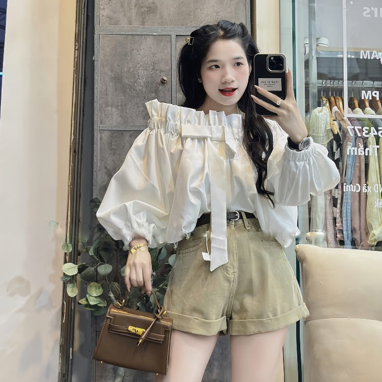 Áo Trễ Vai Viền Bèo Tay Bồng Đính Nơ Nguc Chất Liệu Thô Sang Chảnh | BigBuy360 - bigbuy360.vn