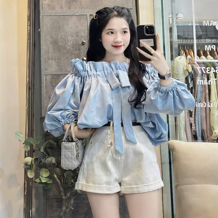 Áo Trễ Vai Viền Bèo Tay Bồng Đính Nơ Nguc Chất Liệu Thô Sang Chảnh | BigBuy360 - bigbuy360.vn