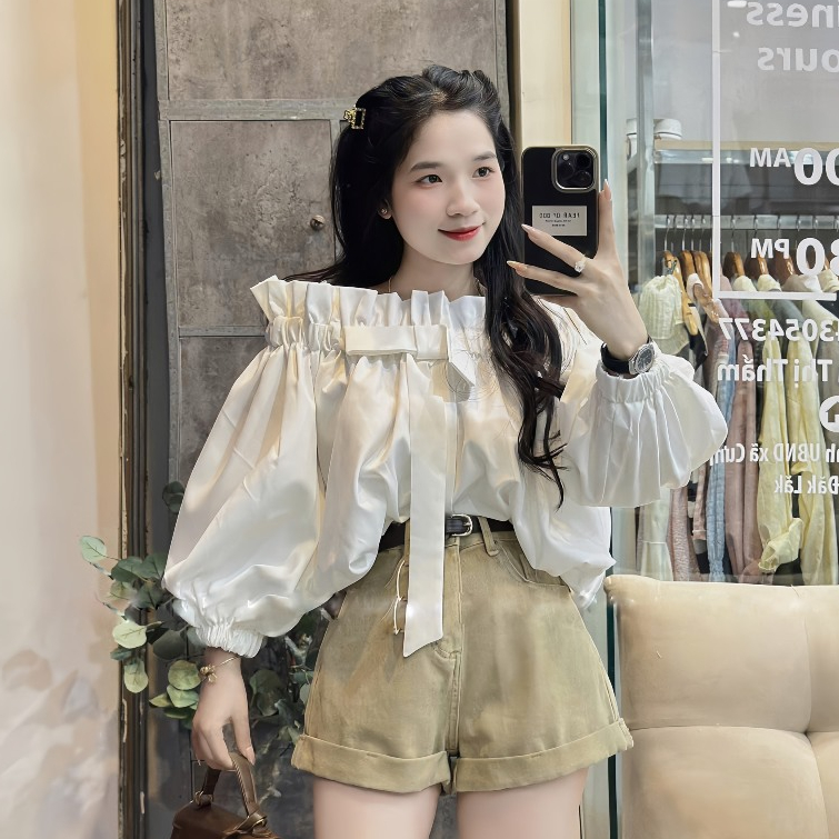 Áo Trễ Vai Viền Bèo Tay Bồng Đính Nơ Nguc Chất Liệu Thô Sang Chảnh | BigBuy360 - bigbuy360.vn