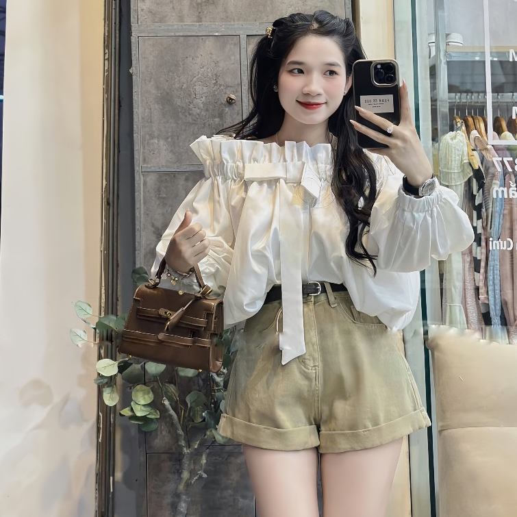 Áo Trễ Vai Viền Bèo Tay Bồng Đính Nơ Nguc Chất Liệu Thô Sang Chảnh | BigBuy360 - bigbuy360.vn