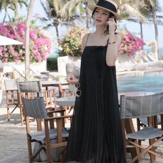 Váy xuông hai dây buộc nơ 1 vai chất voan tơ đầm maxi 2 dây thiết kế dập li đi biển HN Clothing V267