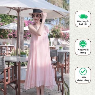 Váy maxi 2 dây thiết kế dập li đi biển đầm xuông voan tơ hai dây buộc nơ 1 vai Minaca Clothing V267