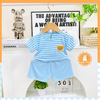 Đồ bộ cộc tay kết hợp họa tiết sọc ca rô kèm chú gấu đáng yêu cho bé Mimibaby, MIMI