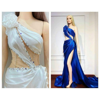 đầm dạ hội xẽ tà lệch vai phối tà đính pha lê
