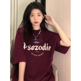 Đỏ mận áo phông nữ form rộng cá in ấn cổ tròn dáng rộng áo thun 100%cotton focus local brand