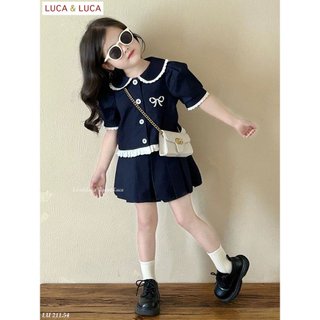 BH24182 Bộ Luca áo sơ mi phối ren, ngực thêu nơ + chân váy xếp li