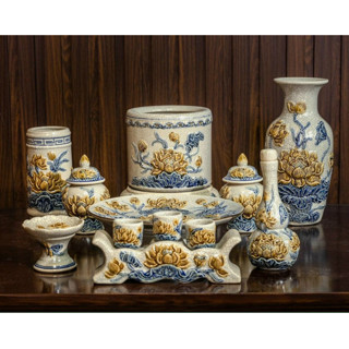  Bộ đồ thờ bằng gốm sứ Bộ đồ thờ hoa sen Men rạn Đắp nổi - Gốm sứ Bát Tràng 