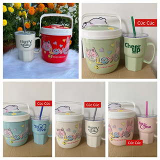   Combo 2 món   1 bình giữ nhiệt 1 lít + 1 ly quai có nắp kèm ống hút nhựa Tân Lập Thành 