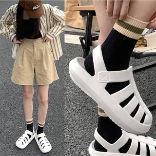 Dép sandal nữ chất liệu nhựa dẻo êm chân giày lười đế bằng 2 màu đen trắng đi mưa chống trơn trượt đi học đi chơi