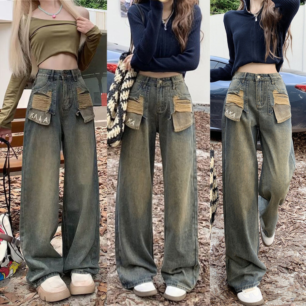 Quần Jean Nữ Suông Nữ Ống Rộng MIAA Phối Túi Thêu Chữ KAKA Cạp Cao, Quần Bò Jean Nữ Lưng Cao Cực Tôn Dáng màu RETRO