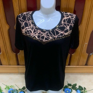 Áo phông nữ cho mẹ trung niên màu đen tay ngắn phối đá chất cotton mềm mát làm quà tặng bà và mẹ 60 đến 70 tuổi