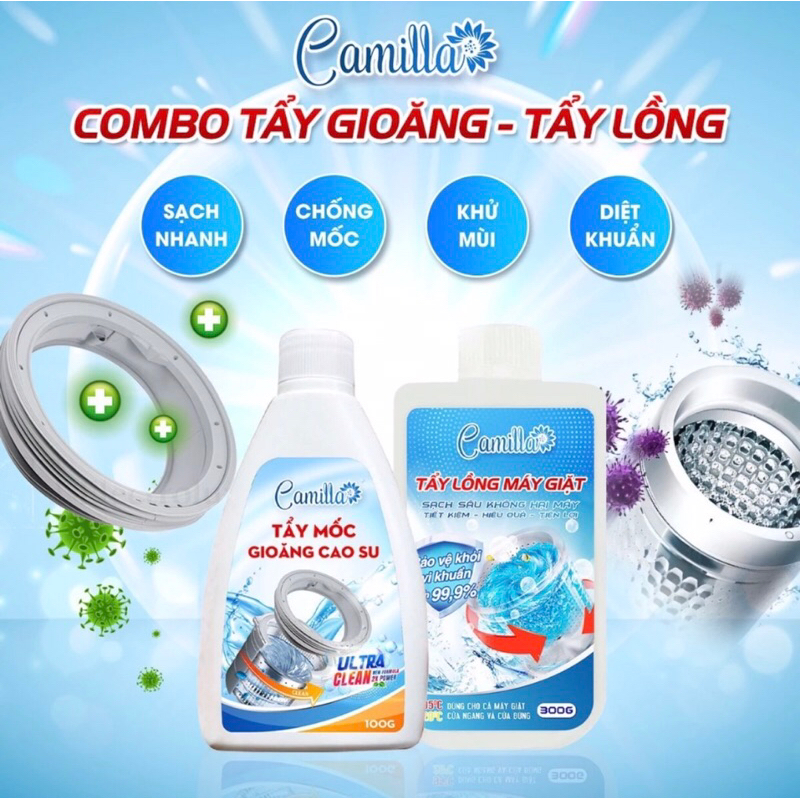 Combo Tẩy Lồng Máy Giặt Camilla 300gr + Tẩy Mốc Gioăng Cao Su Cao Cấp Camilla 100gr. Tặng chổi quét 
