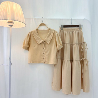 Áo linen vintage cổ bèo cột nơ