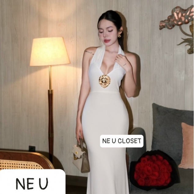 [HÀNG THIẾT KẾ] Váy body đi tiệc cổ yếm phối tag đá đầm body đi tiệc váy đi đám cưới váy dáng dài đầ