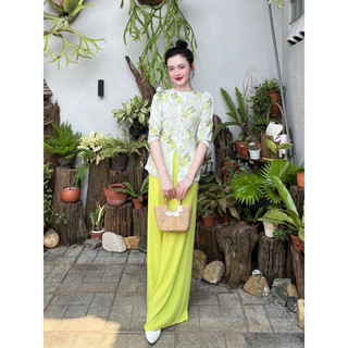 Bộ áo bà ba pháp phục nữ Lan’s lụa Mango cổ tròn tay phồng lỡ kèm quần dài mặc đi chùa đi lễ