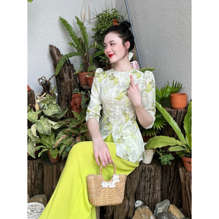 Bộ áo bà ba pháp phục nữ Lan’s lụa Mango cổ tròn tay phồng lỡ kèm quần dài mặc đi chùa đi lễ