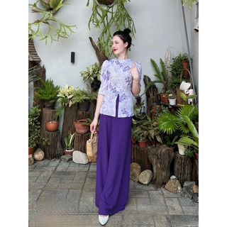 Bộ áo bà ba pháp phục nữ Lan’s lụa Mango cổ tròn tay phồng lỡ kèm quần dài mặc đi chùa đi lễ