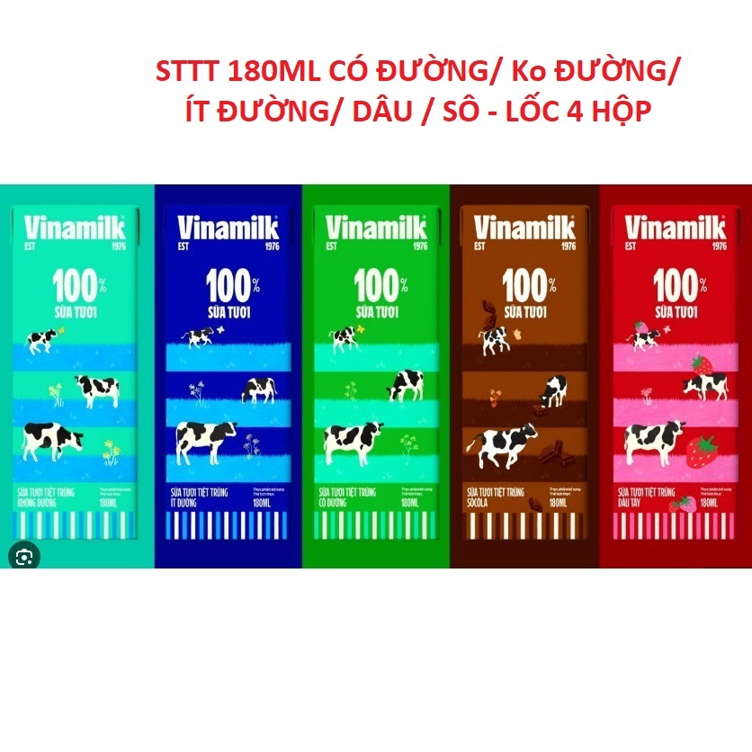 Lốc 4 Hộp Sữa Tươi Tiệt Trùng Vinamilk 100% 180ml ( Đủ vị ) - thêm Vị Bắp/ Dừa/ Chuối MỚi
