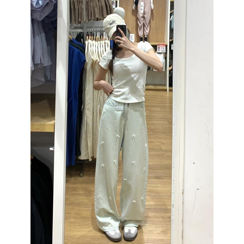 (SẴN SLL) Quần Jean Nơ Xanh Bạc Ống Rộng Hoạ Tiết Đáng Yêu , Quần Jean Mềm Hàng QC Loại 1 - CAM KẾT Y HÌNH