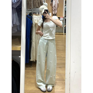 (SẴN SLL) Quần Jean Nơ Xanh Bạc Ống Rộng Hoạ Tiết Đáng Yêu , Quần Jean Mềm Hàng QC Loại 1 - CAM KẾT Y HÌNH