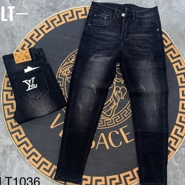 Quần jean dài nam đen vải denim phối Logo thêu đẹp cao cấp chất bò vải dày đẹp co giãn