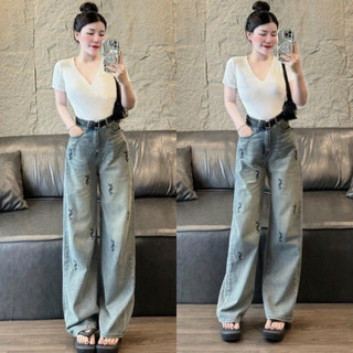 Quần jean nữ ống suông thêu chữ nổi q292