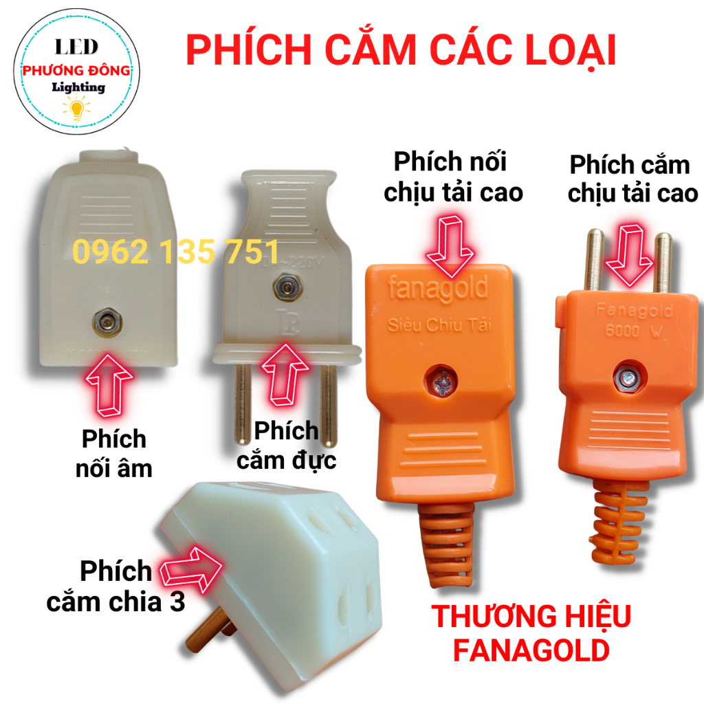 Phích cắm 4 ly - Phích nối âm - Phích cắm/ Phích nối chịu tải cao 6000W - Phích cắm chia 3 ổ cắm