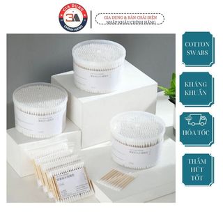 Hộp 500 tăm bông ráy tai Cotton Swabs, set 500 tăm bông ráy tai thân tăm gỗ 2 đầu tiện lợi, an toàn vệ sinh thấm hút tốt