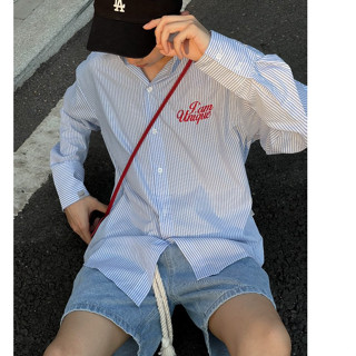 Áo sơ mi tay dài Oxford thêu Codes studio tà bầu from rộng nam nữ 2 màu trắng kẻ sọc xanh basic striped shirt hàn quốc