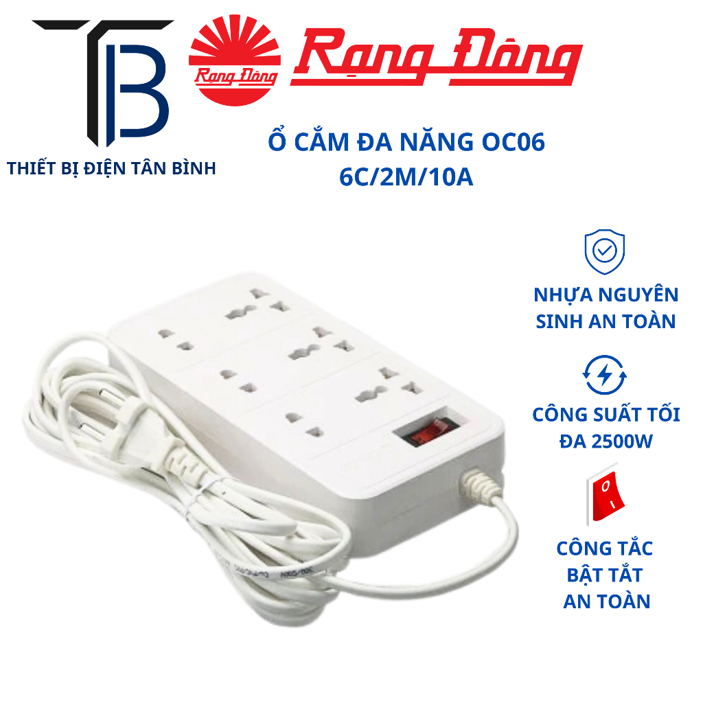 {CHÍNH HÃNG} Ổ cắm kéo dài đa năng 6 ổ Rạng Đông chịu tải cao Model: OC06 6C/2M/10A và OC06 6C/5M/10