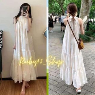 Váy Maxi Cổ Yếm Vải Voan Thêu Hoa Dáng Dài, Đầm Maxi Dáng Dài Đi Biển Đi Chơi Cho nàng Xinh Xắn