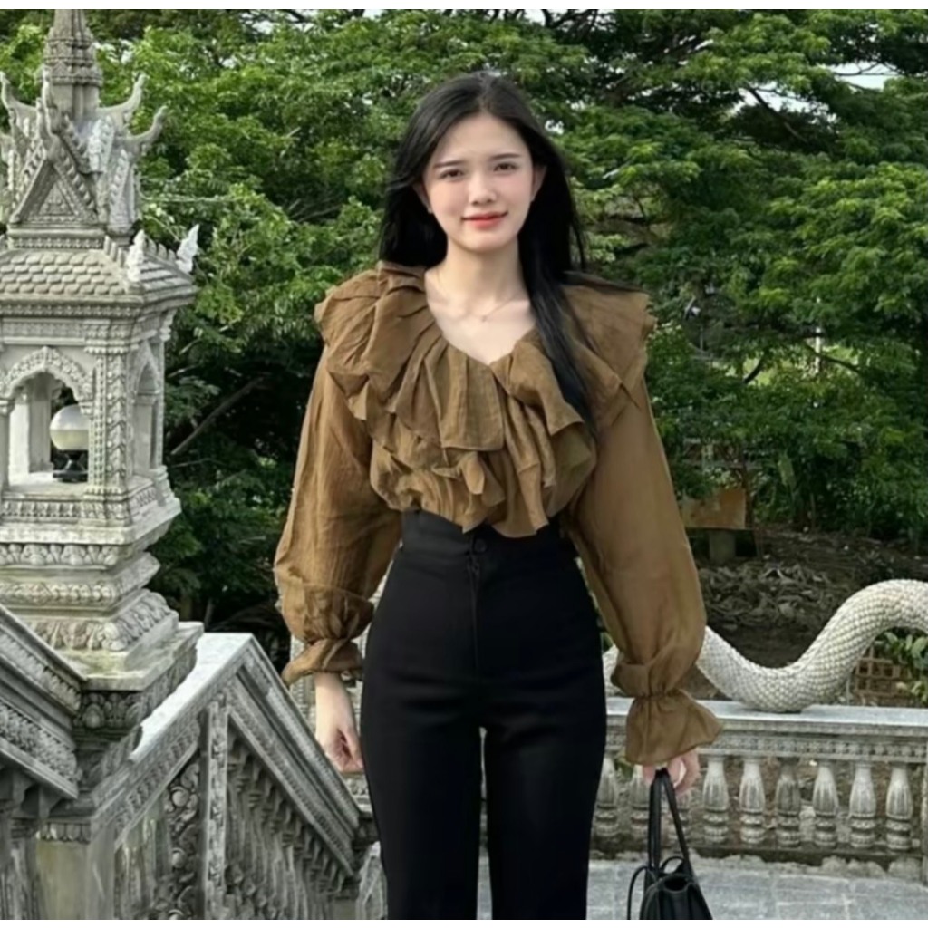 Áo babydoll tay dài , áo kiểu nữ cổ bèo , áo sơ mi bèo chất đũi mỏng siêu xinh