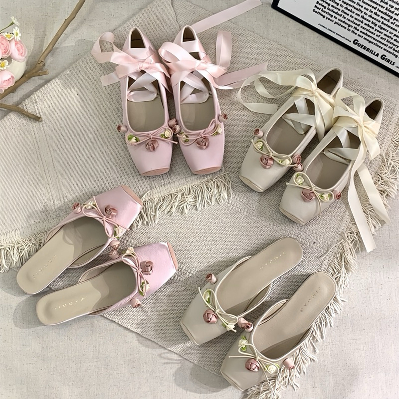 Giày ballet đính hoa nhí - giày ballet lụa QCCC hàng loại 1