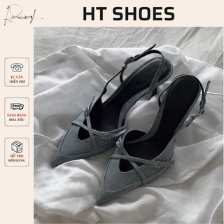 Giày cao gót Z hở gót mũi nhọn phối quai chéo mảnh độc lạ Demin đế cao 6cm phong cách Retro Pháp cá tính 2024 #8323-1