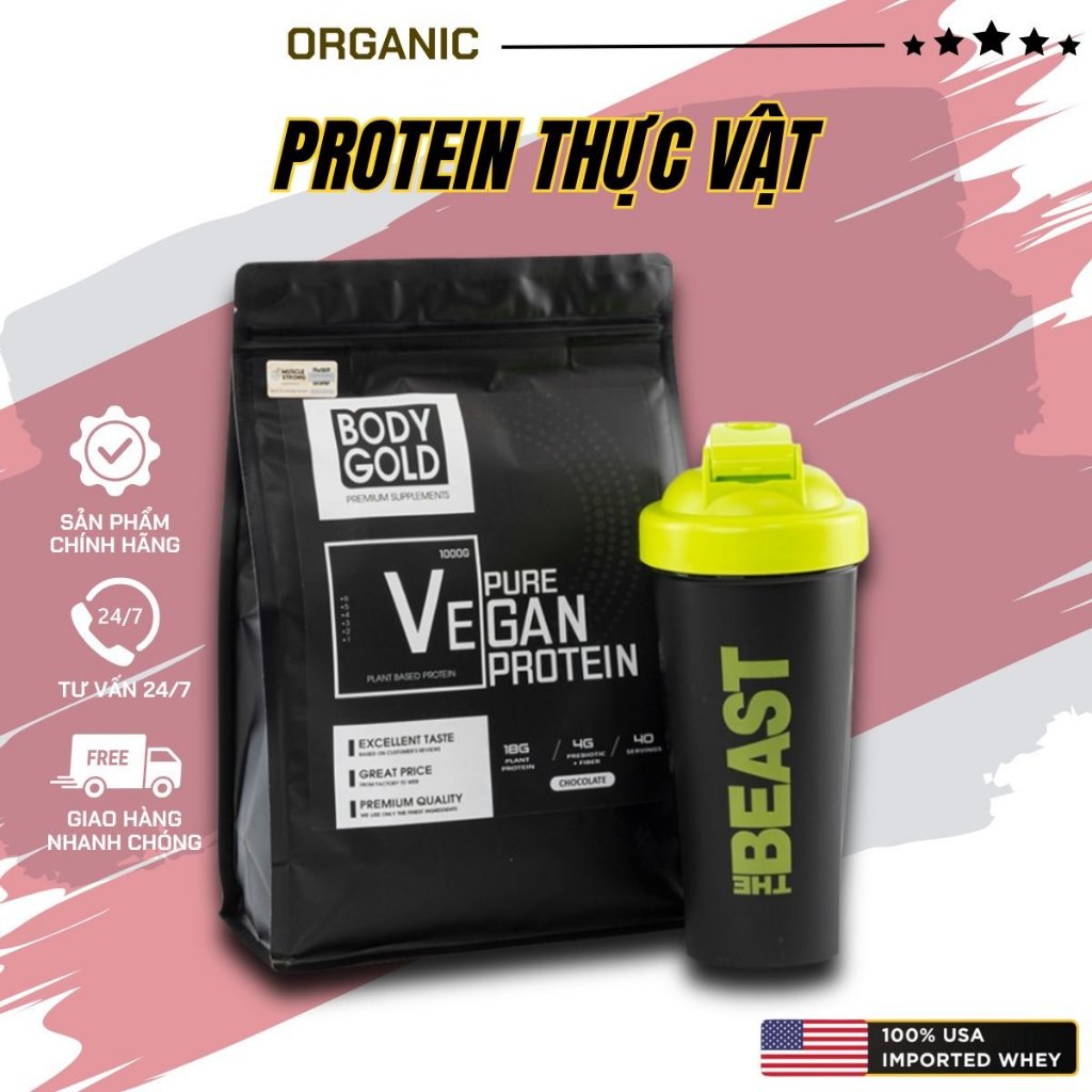 Whey Vegan Protein- Sữa Thực Vật  Tăng cân Tăng cơ Body Gold Túi 1kg + Tăng Bình Lắc 700ml