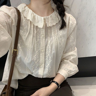 (Mã giảm 35k) Áo sơ mi thô boi cổ sen nhí thêu hoa nhí nổi phong cách tiểu thư thanh lịch hàng QCCC loại 1