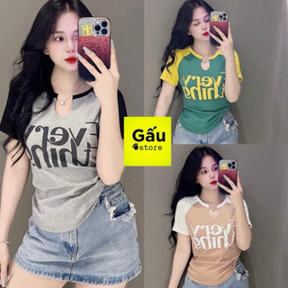 Áo thun dáng ôm nữ cổ giọt nước tay ngắn chữ nổi EVERY phom ôm sát