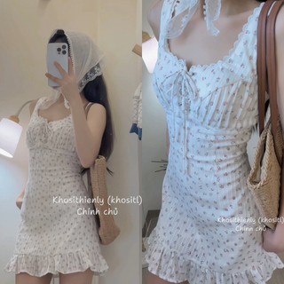 Đầm trắng hoa nhí 2 dây cúp ngực đan dây