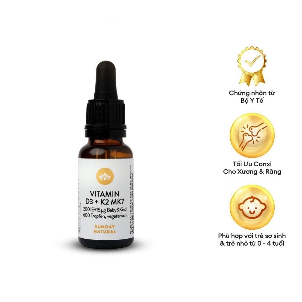 Vitamin D3 K2 MK7 Sunday Natural Đức, 20g ,Bổ Sung Cho Trẻ Từ Sơ Sinh Đến 4 Tuổi, D3K2 Tăng Hấp Thụ 