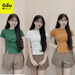 Áo thun dáng ôm nữ tay ngắn nhún eo