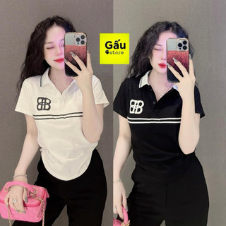 Áo thun Pô Lô dáng ôm nữ vạt bầu dáng ngắn viền cổ hai sọc ngang