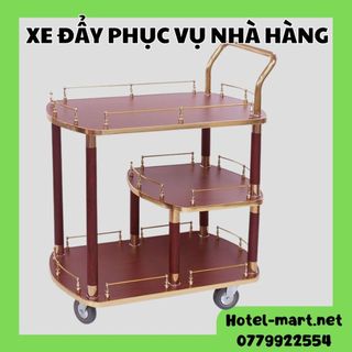 Xe phục vụ rượu inox mạ vàng, Xe đẩy tráng miệng chất liệu gỗ khung inox vàng sang trọng