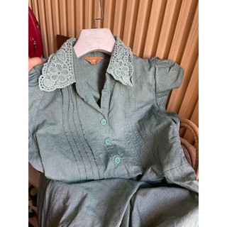(Thanh lý đồ cá nhân) Đầm sơ mi cổ ren bo eo