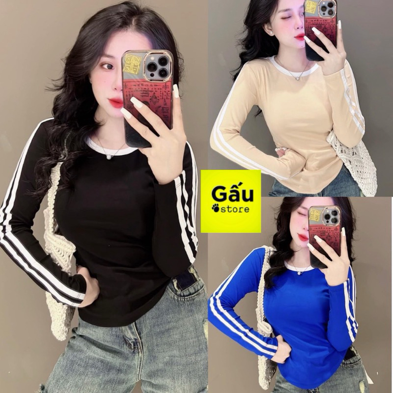 Áo thun nữ PHOM ÔM tay dài phối sọc tay phom ôm sát ( áo TD sọc tay )